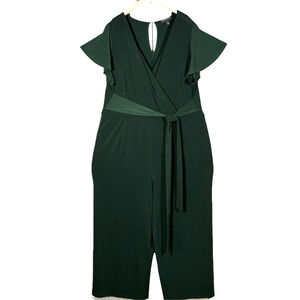 Lane Bryant Wide Leg Jumpsuit Size 22 24 Wrap Tie Front Green Ruffle Sleeve